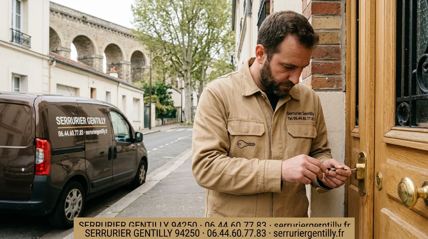 Serrurier Gentilly 94250 en intervention avec bannière coordonnées